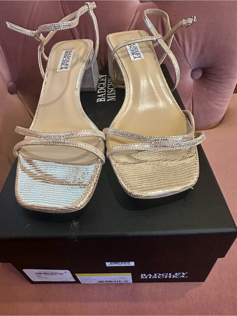 Badgley Mischka Carlotta Metallic Gold Strappy Block Heel Sandals